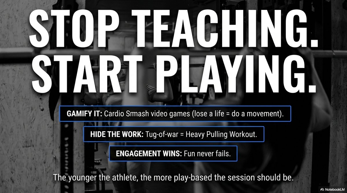 Stop teaching, start playing: gamify the work so engagement wins. The younger the athlete, the more play-based the session should be.