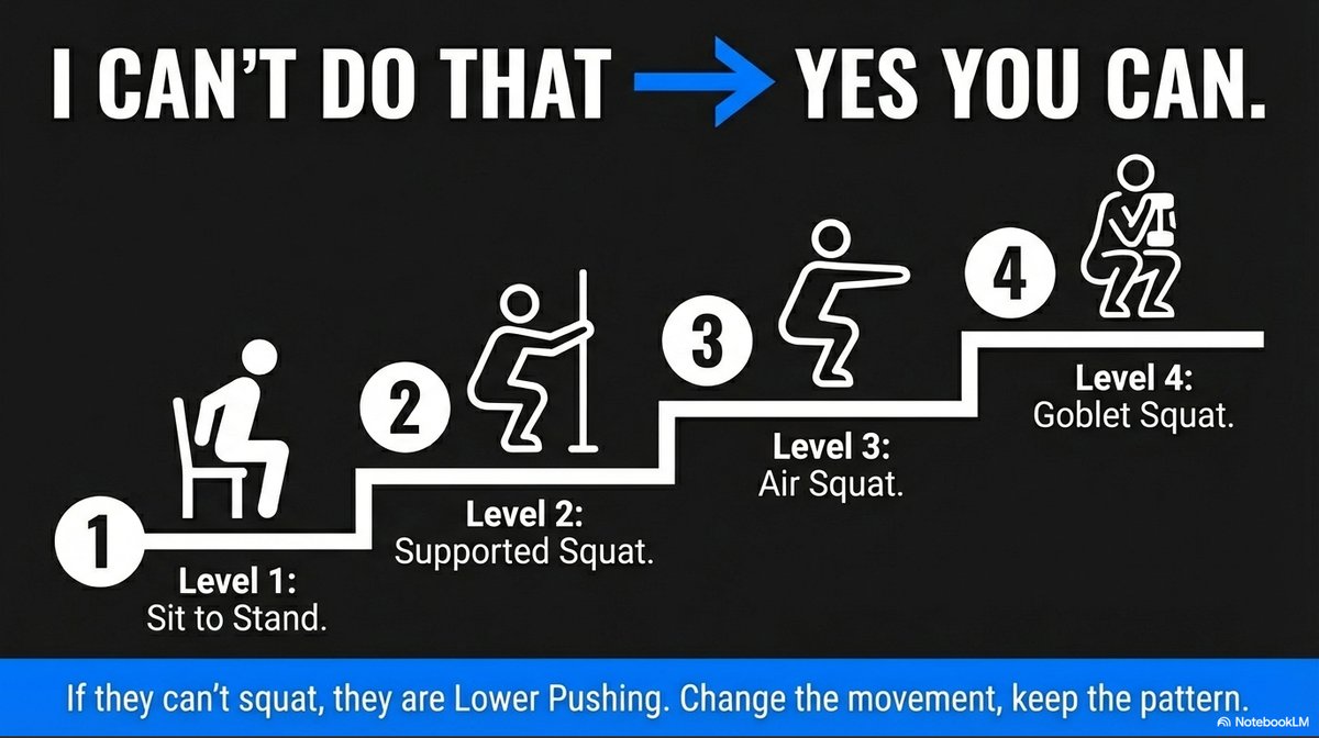 'I can't do that' becomes 'yes you can': scaling a squat from sit-to-stand up to a goblet squat. Change the movement, keep the pattern.