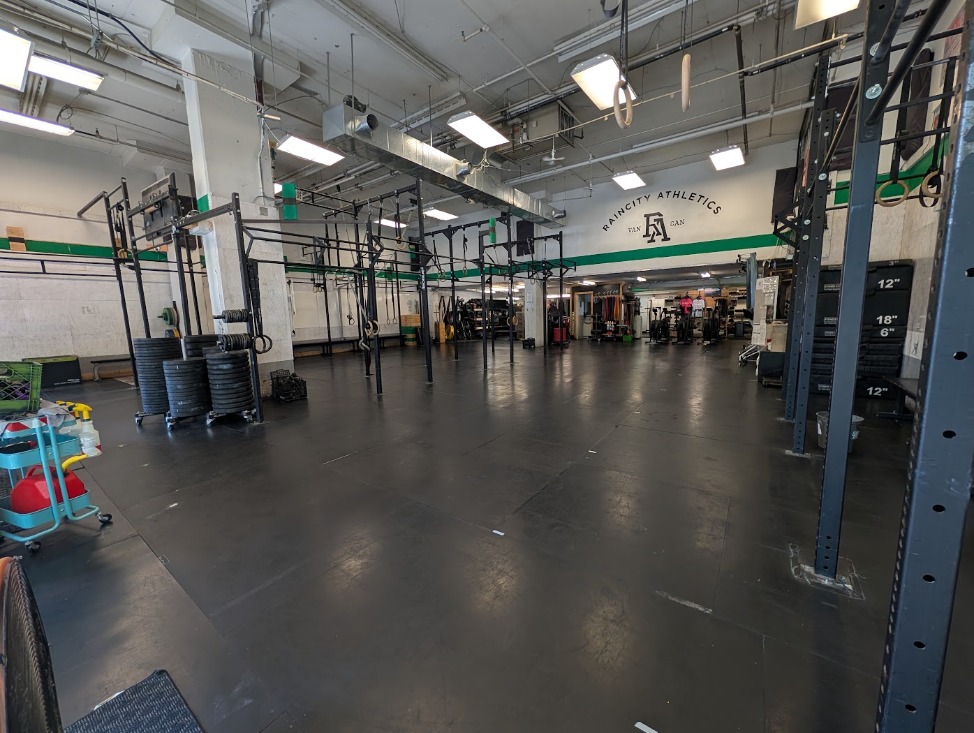 The Annex — the main group-class floor beneath the Raincity Athletics logo wall